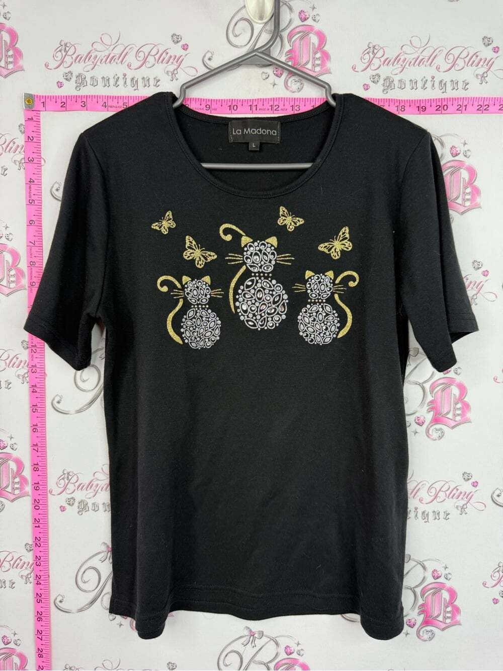 LA Madona Shirt cats Black Short-Sleeve Tee with Gold & Silver Cat Motif